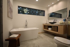 Hair dryer, towels, soap, shampoo