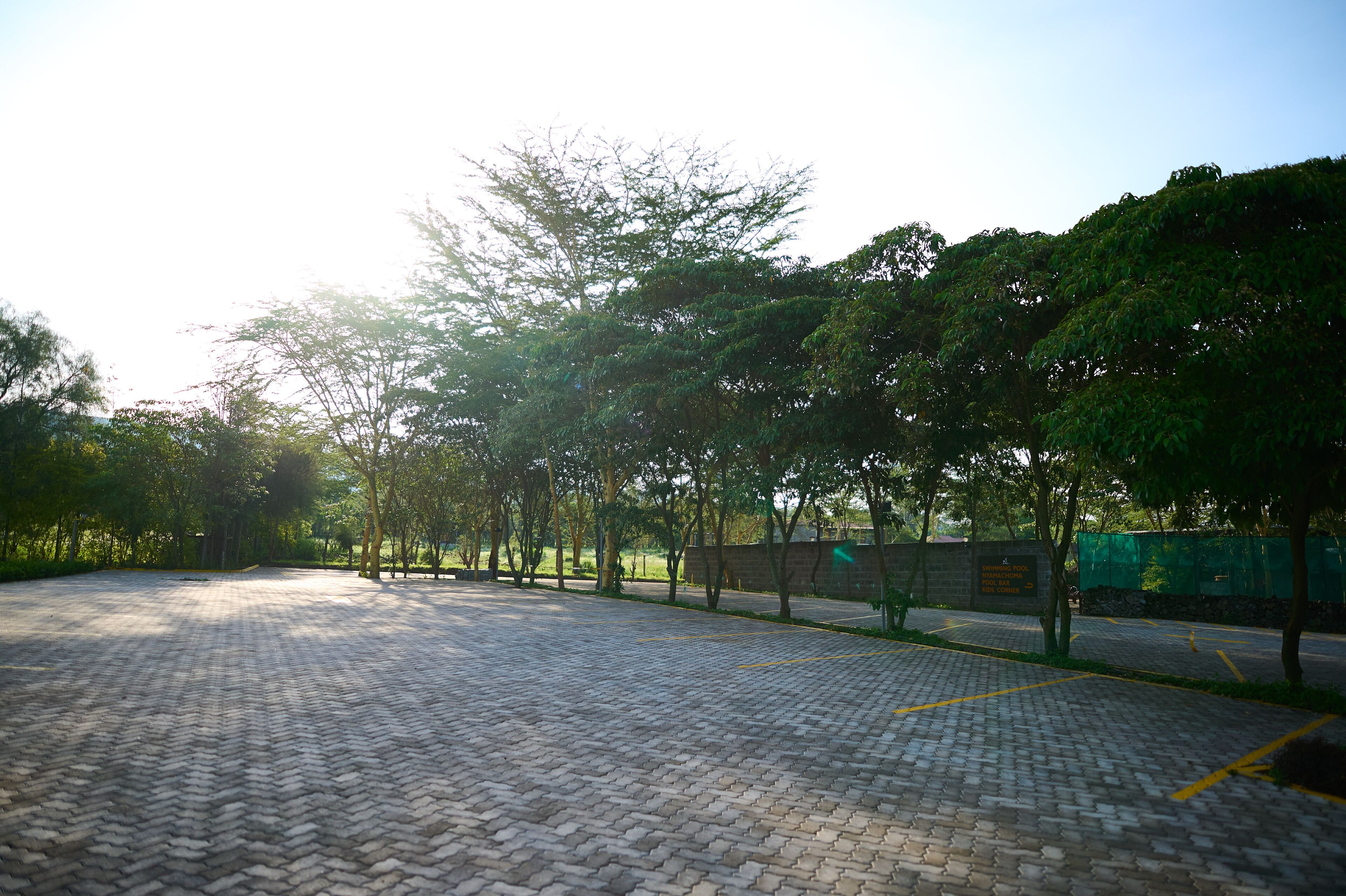 A paved pathway lined with trees and a stone wall with a plaque.