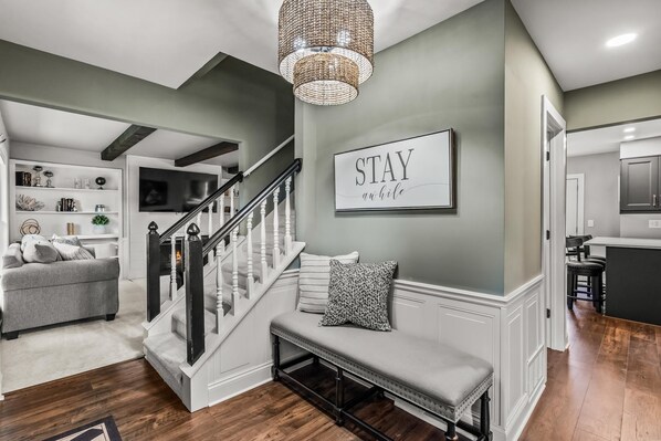 Smart TV, fireplace, books