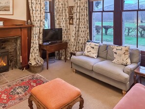 A cozy living room with a fireplace, a television on a wooden table, a sofa with patterned cushions, and a view of a green landscape through large windows.