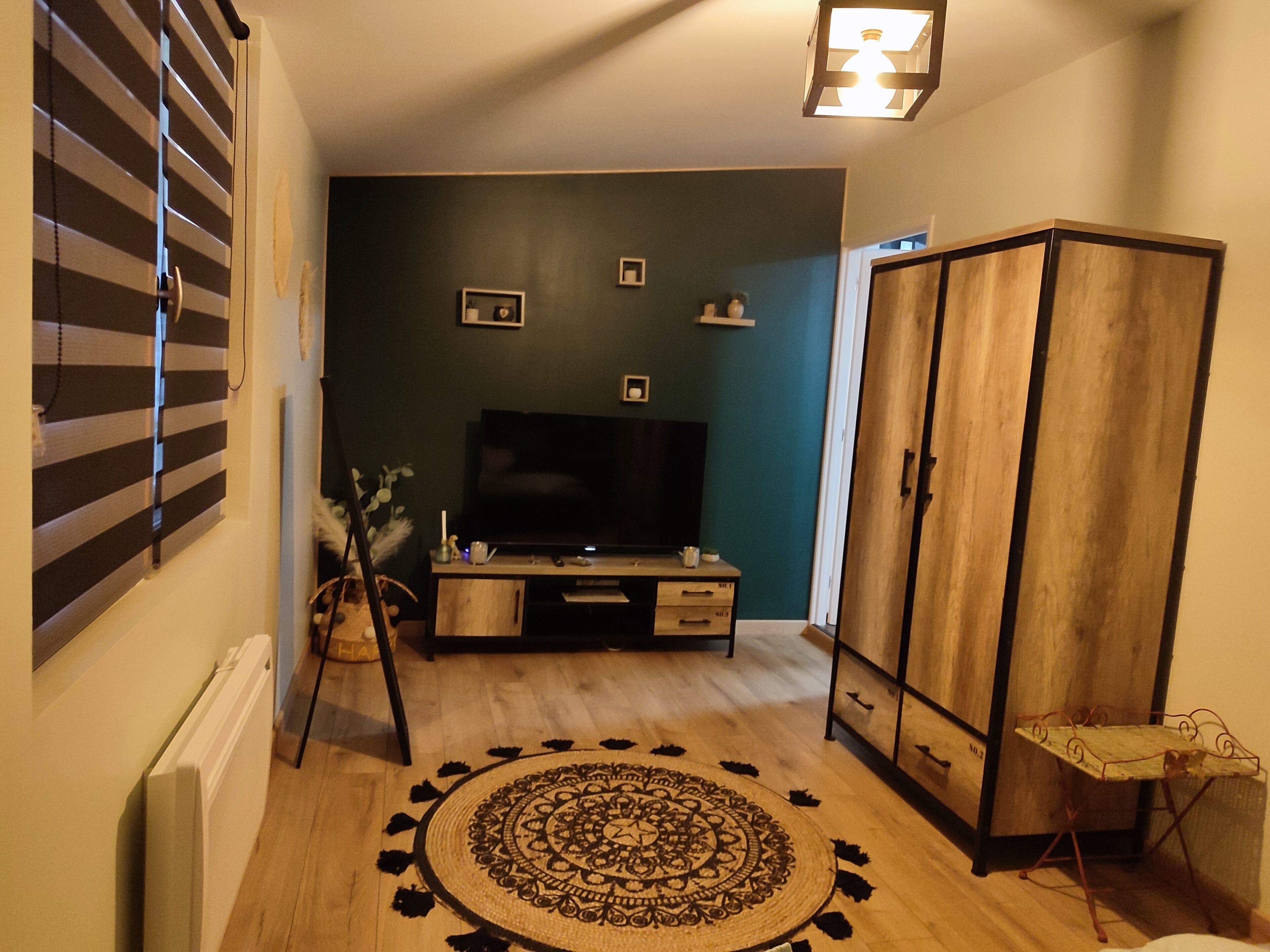 Un salón con televisión, un mueble aparador y una alfombra estampada.