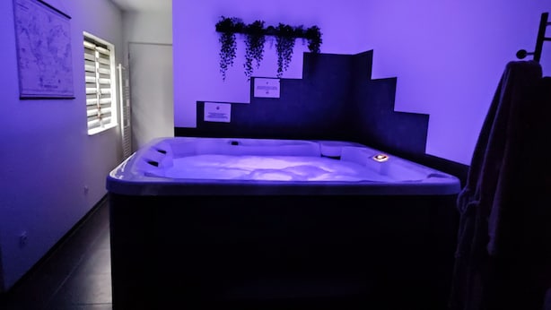 A spa room with a hot tub, a window with blinds, and a wall-mounted plant.