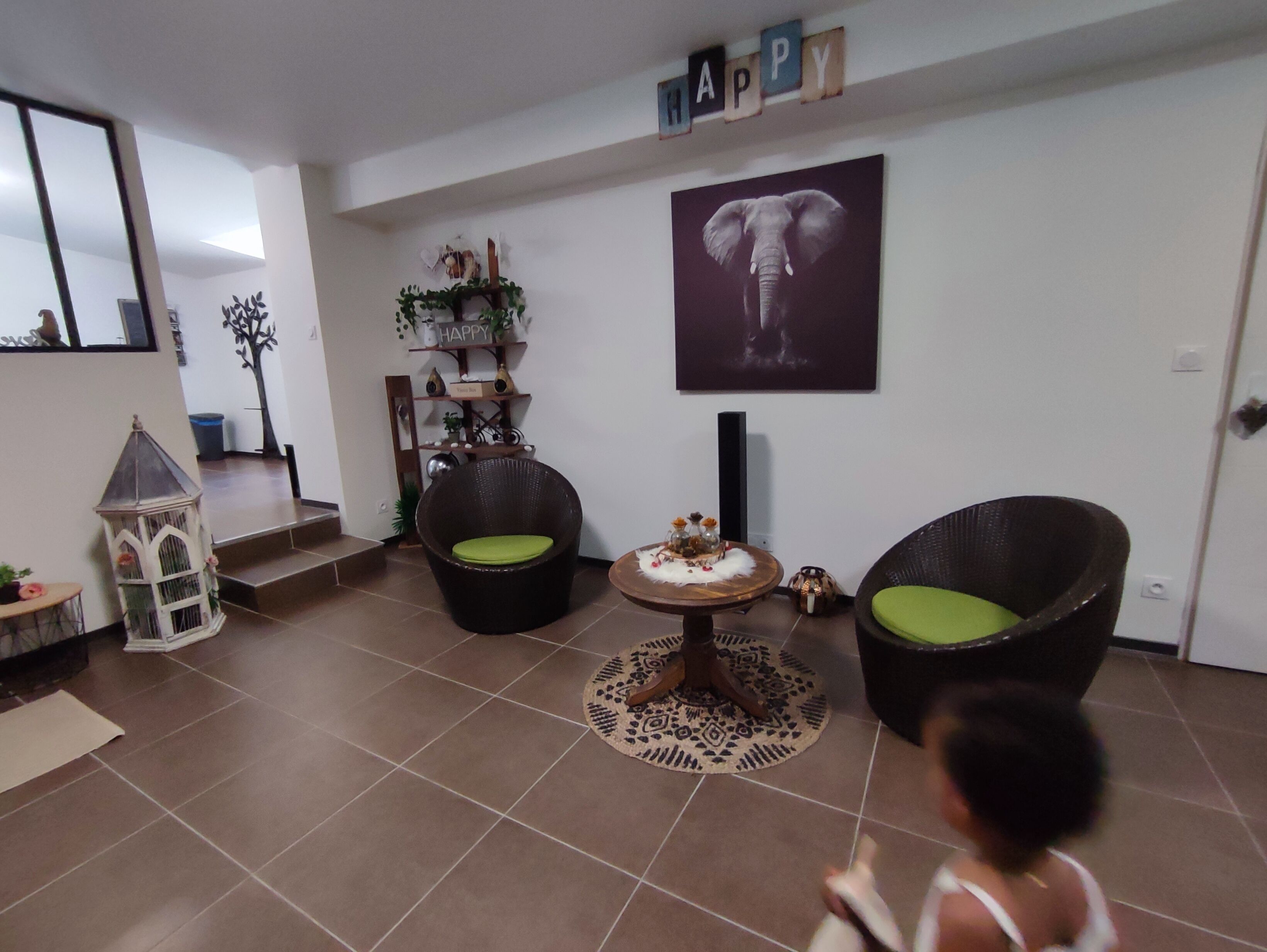 A living room with two black wicker chairs, a small table with a decorative item, a bookshelf with a 'HAPPY' sign, and a framed elephant picture on the wall.