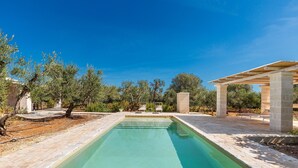 A rectangular swimming pool with a stone deck, surrounded by olive trees and a pergola structure. - 3632 Trullo Alcova del Dodo by Perle di Puglia (Ostuni)