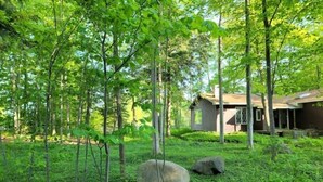 A cabin surrounded by dense forest with a clear view of the surrounding trees and a large rock in the foreground. - West Bay House Private Frontage in Traverse City (Traverse City)