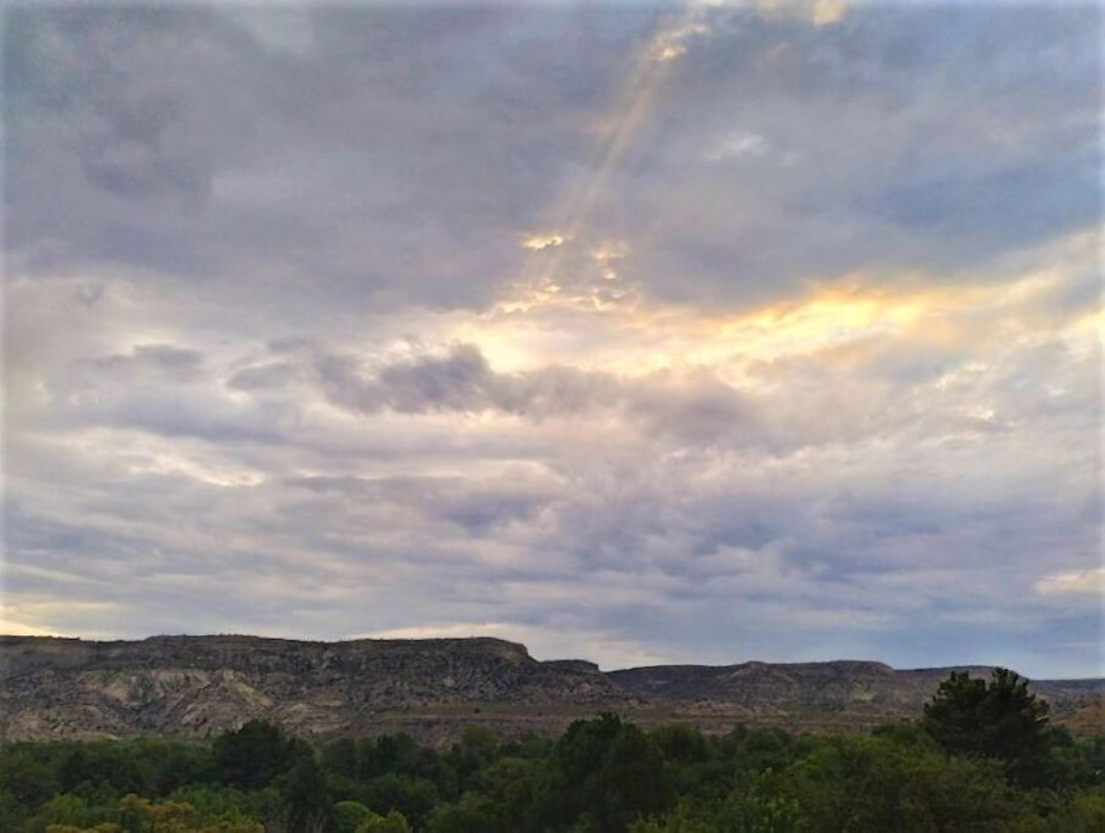 A landscape with a flat terrain and sparse vegetation.