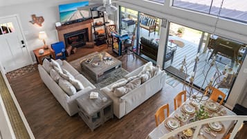 Smart TV, fireplace, video games, DVD player