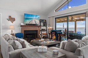 Smart TV, fireplace, video games, DVD player