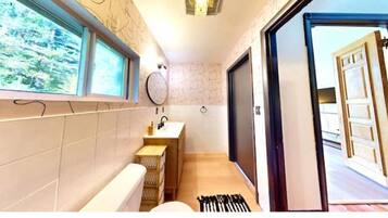 Shower, hair dryer, soap, shampoo