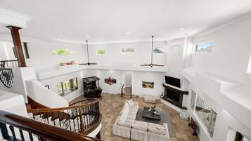 TV, fireplace, table football, ping pong