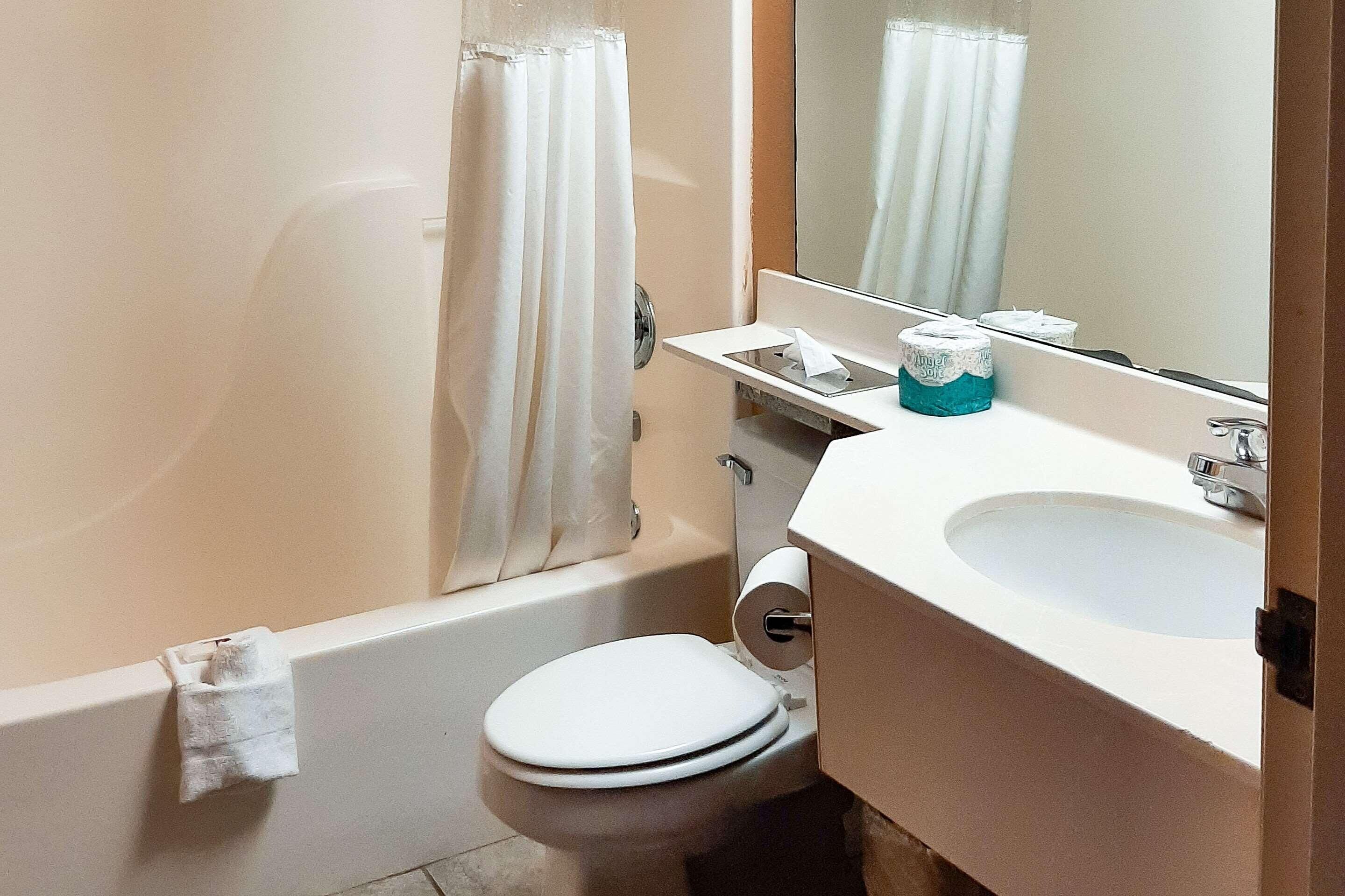 Un baño con bañera, inodoro, lavabo y espejo.