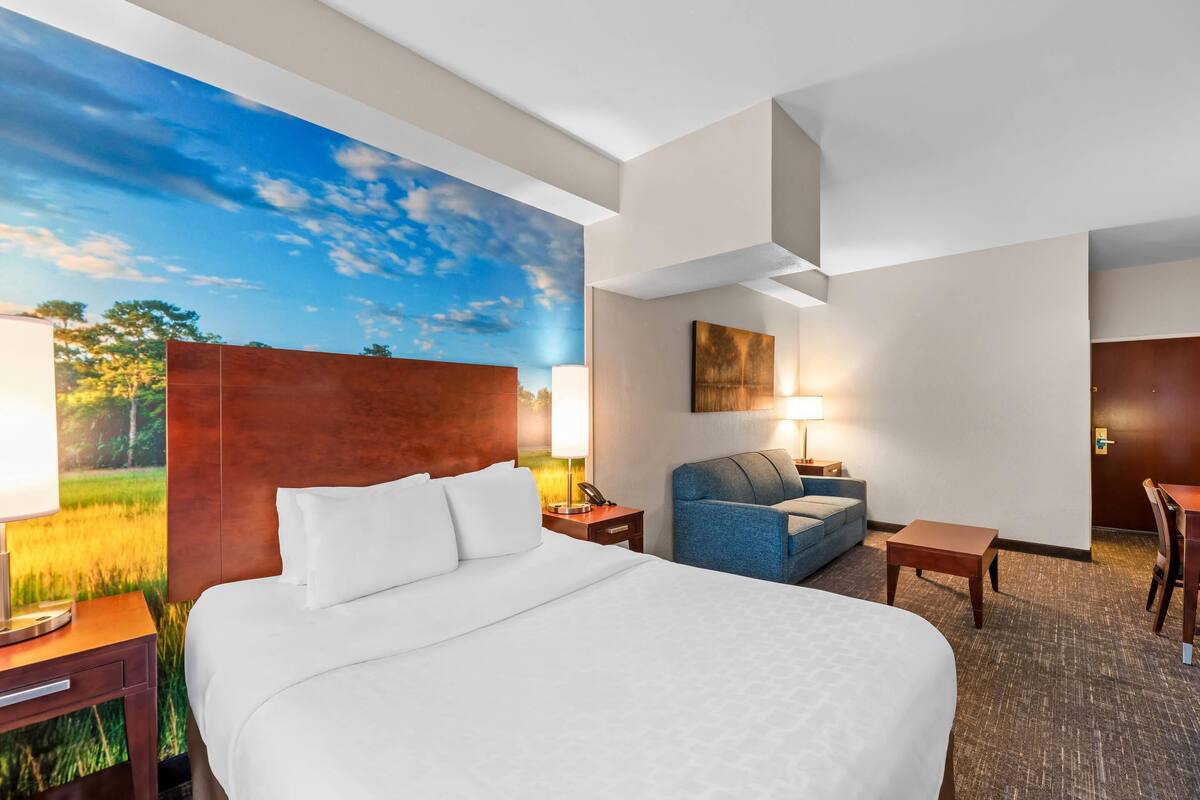 A hotel room with a large bed, a desk, a chair, a sofa, a lamp, and a painting on the wall.