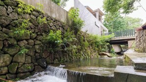 A stone wall with greenery, a small waterfall, and a bridge in the background. - Mojia Inn (Deqing)