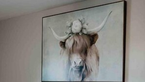A bedroom with a bed, pillows, and a painting of a bull on the wall. - Rancher in Mont Alto (Mont Alto)