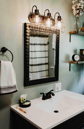 Hair dryer, towels, soap, shampoo