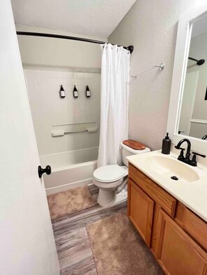 Hair dryer, towels, soap, shampoo