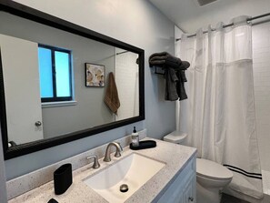 Une salle de bain avec un grand miroir, un lavabo, des toilettes et un rideau de douche.