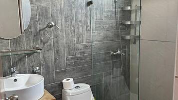 Hair dryer, towels, soap, toilet paper