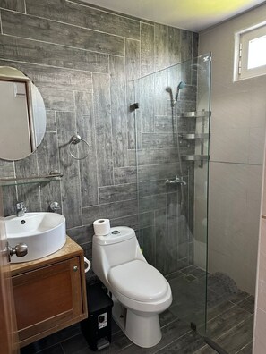 Hair dryer, towels, soap, toilet paper