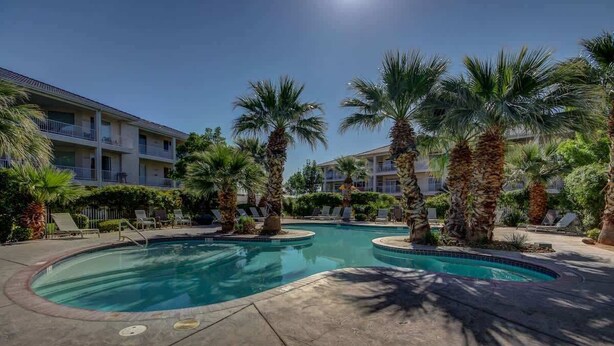 A pool area with two circular pools, palm trees, and lounge chairs.