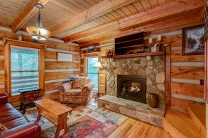 TV, fireplace - Casa Haven - Romantic forest cabin with hot tub and creek! (Boone)