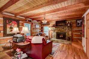 TV, fireplace - Casa Haven - Romantic forest cabin with hot tub and creek! (Boone)