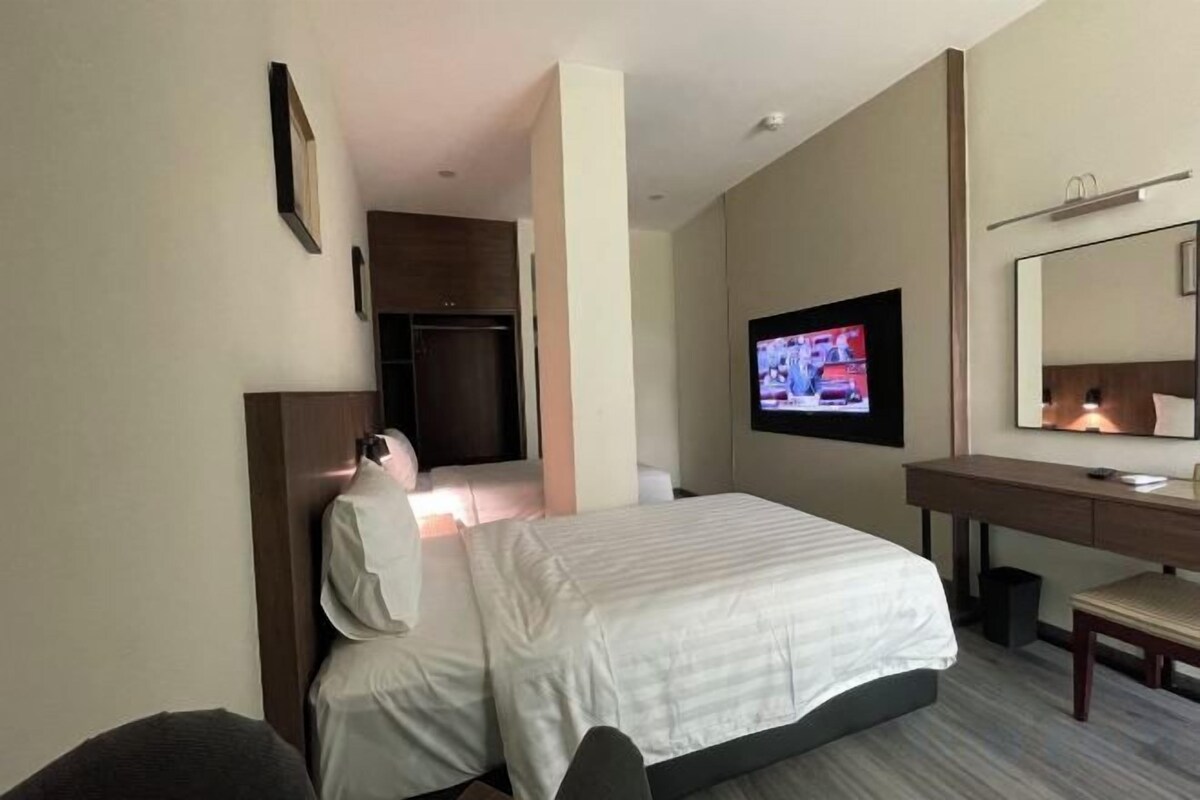 Une chambre d’hôtel avec un lit, un bureau, une télévision et un miroir.
