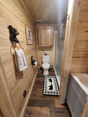 Hair dryer, towels, soap, toilet paper
