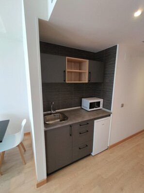 Una cocina compacta equipada con microondas, fregadero y lavavajillas.