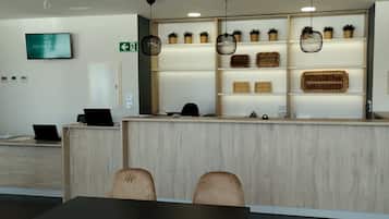 Zona de recepción de un hotel con un mostrador de madera, un televisor montado encima y una pared con estantes que exhiben cestas de mimbre y plantas en macetas.