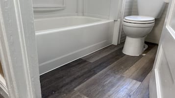 Hair dryer, towels, soap, toilet paper