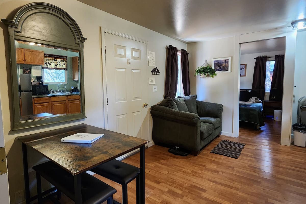 A cozy living room with a wooden floor, a green sofa, a dining table with a laptop, and a kitchen visible through a mirror.
