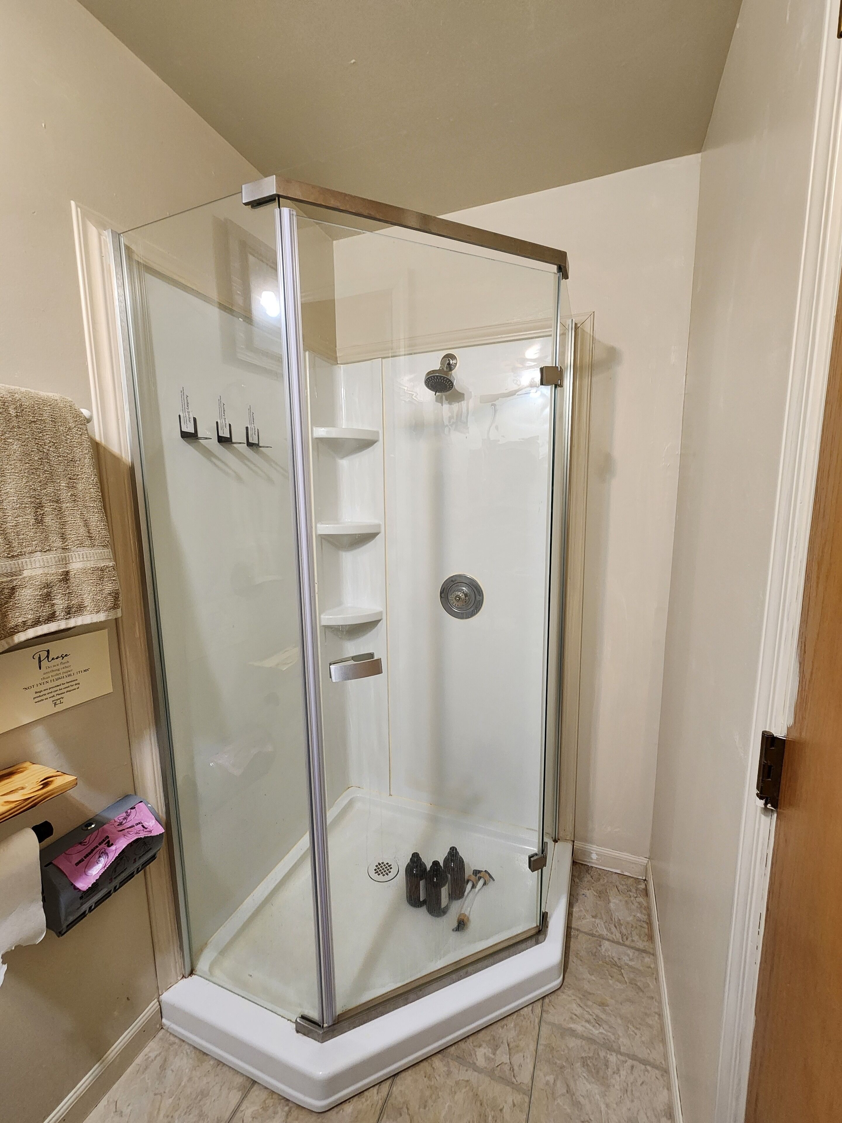 A glass-enclosed shower stall with a white floor, a towel rack, and a small shelf unit.