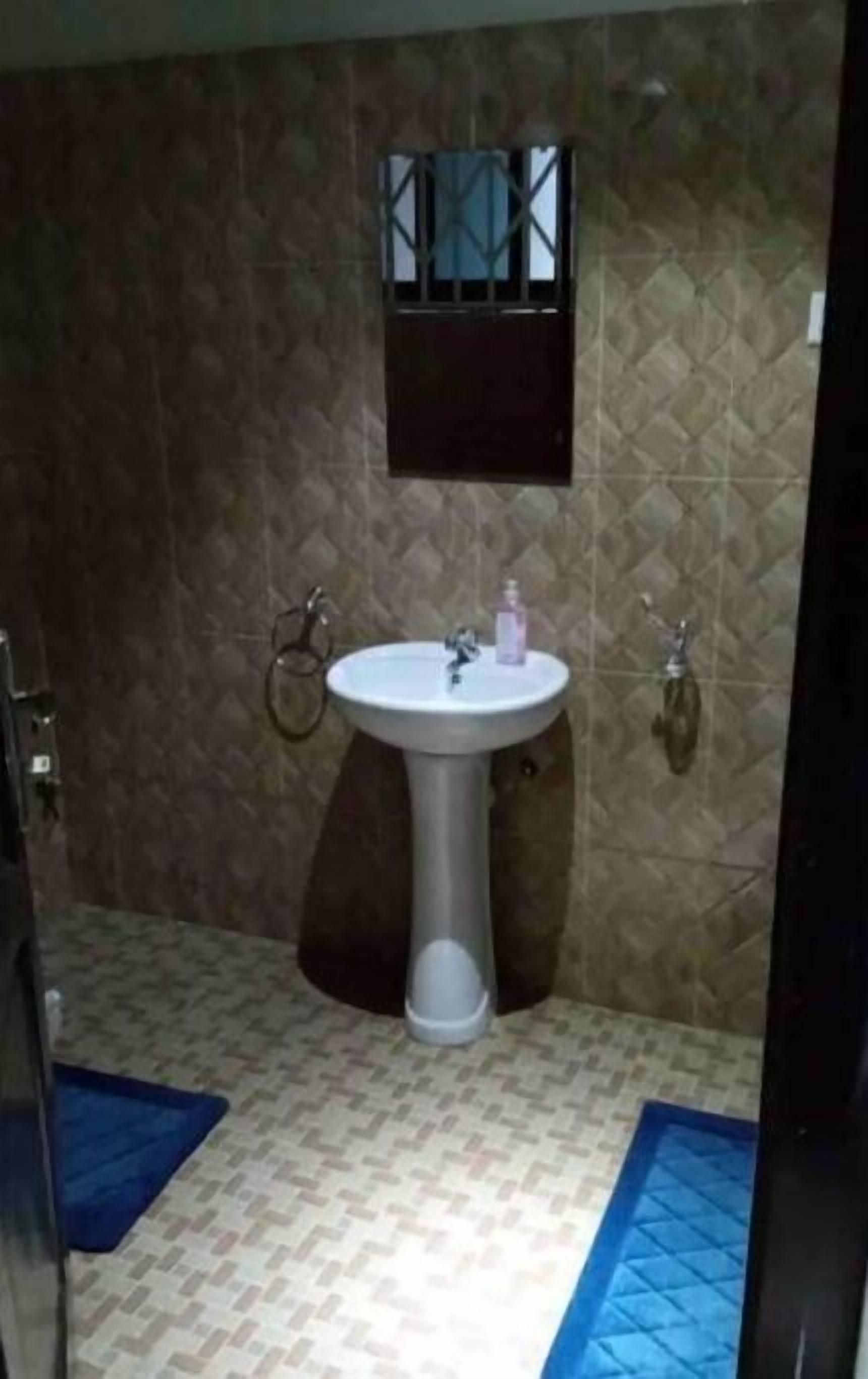 Une salle de bain avec un lavabo sur colonne, une petite fenêtre et des carreaux de sol à motifs.