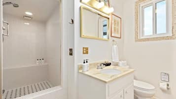 Shower, hair dryer, towels, shampoo