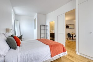 1 bedroom, desk, iron/ironing board, travel cot