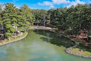Surrounded by lush greenery and tall trees, this serene lakeside setting offers a tranquil escape.