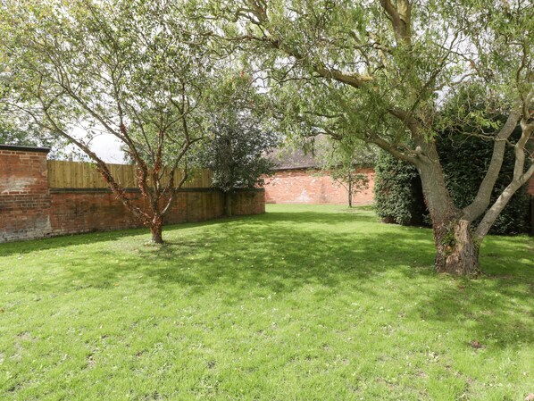 A grassy backyard with a brick wall and a wooden fence.