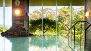 Una piscina interior amb aigua cristal·lina, un rellotge a la paret i vistes a arbres a través de grans finestres.