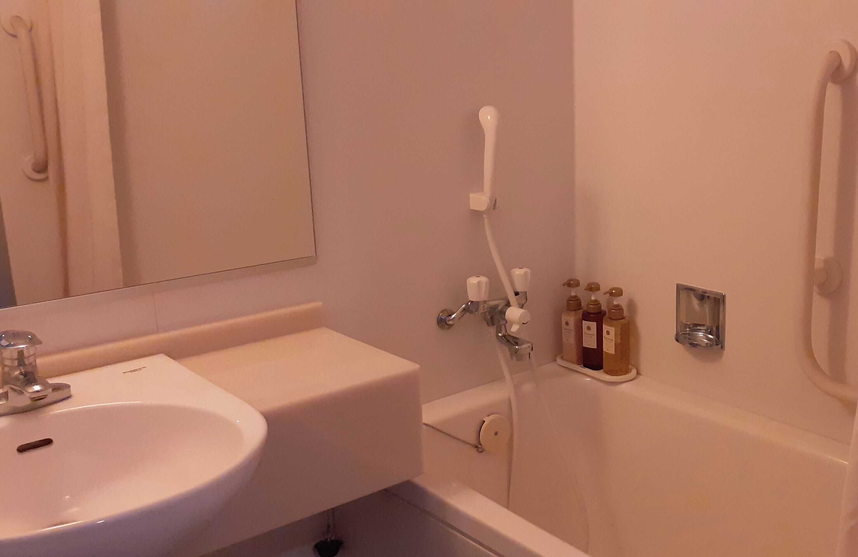 Ein Badezimmer mit Waschbecken, Spiegel, Dusche und Pflegeprodukten.