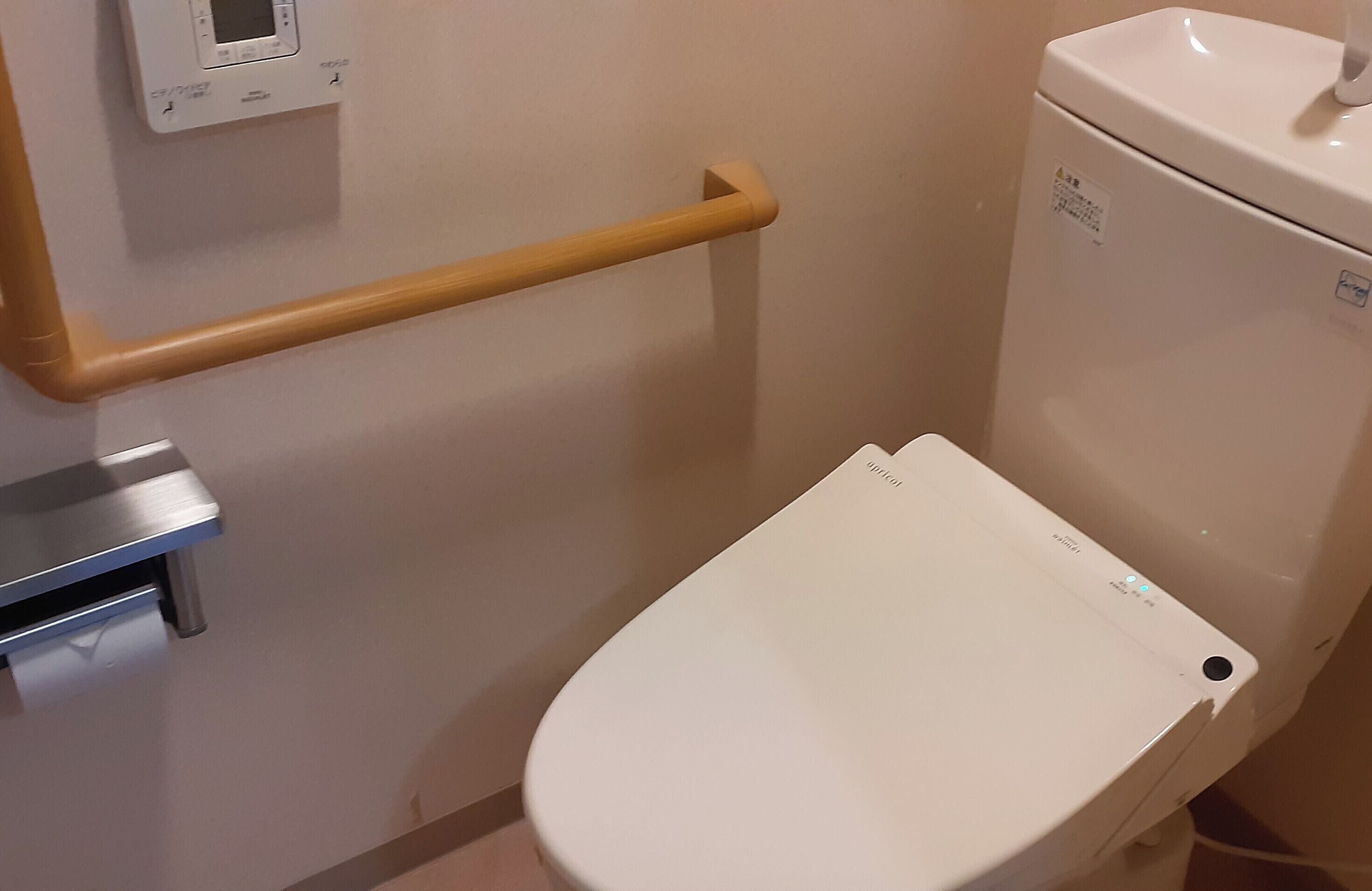 Ein Badezimmer mit einer weißen Toilette, einer Holzhandstütze und einer an der Wand montierten Bedienkonsole.
