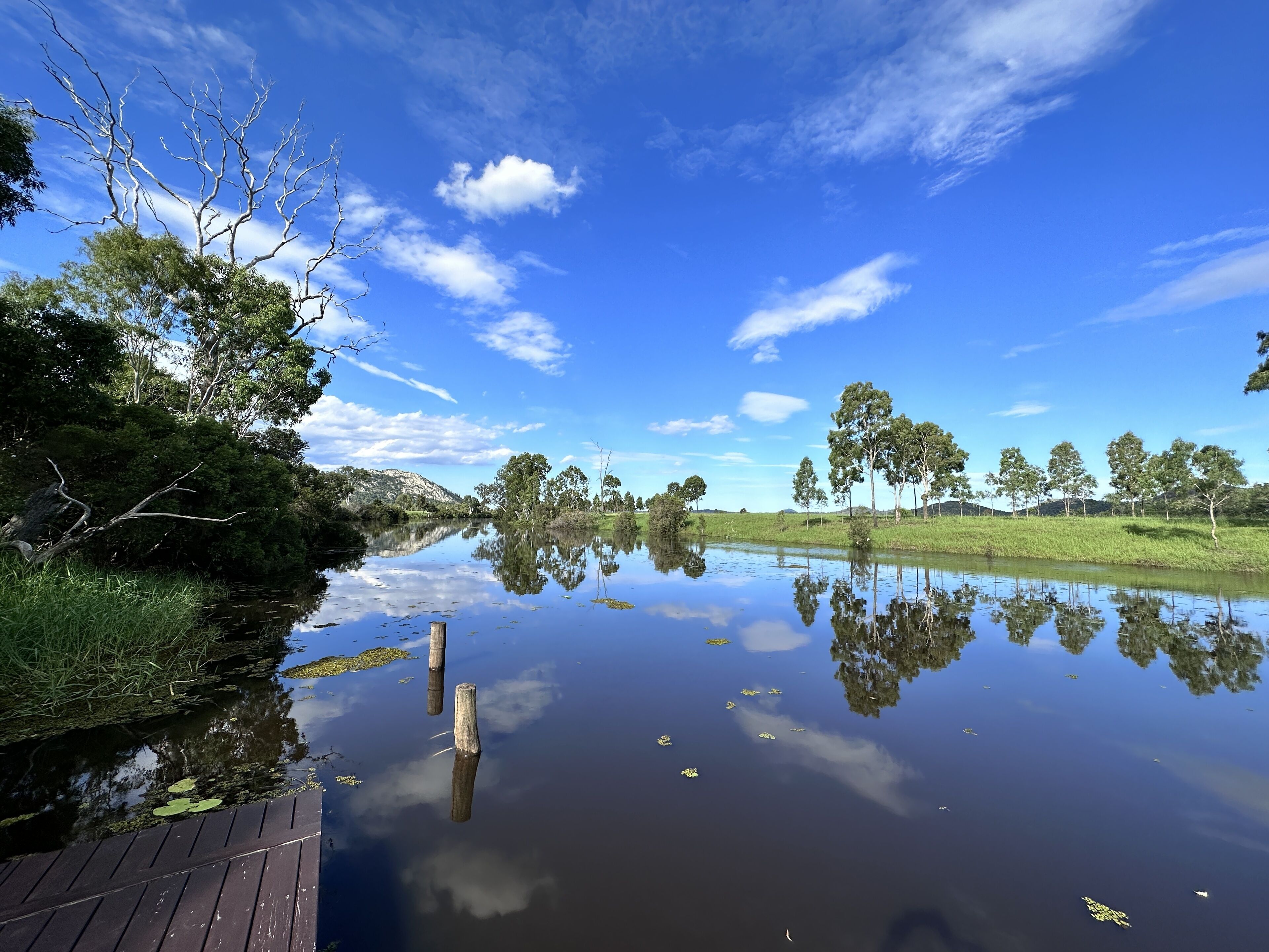 Un río tranquilo con reflejos de árboles y cielo, rodeado de vegetación y un cielo azul despejado.