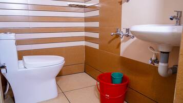 Shower, towels, soap, toilet paper