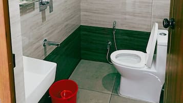 Shower, towels, soap, toilet paper