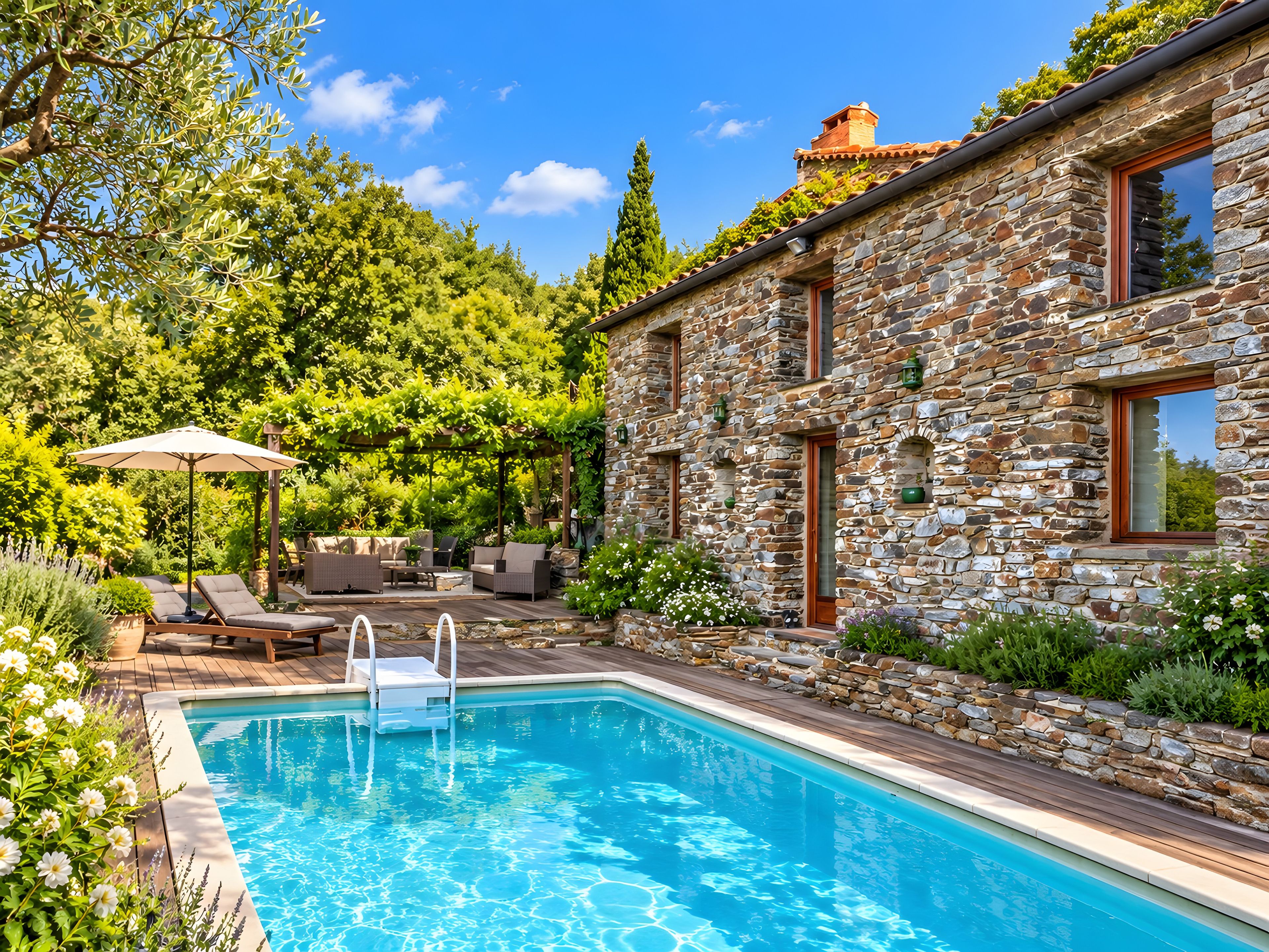 A stone building with a swimming pool, outdoor seating, and lush greenery.