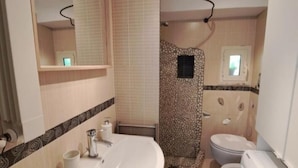 Une salle de bain équipée d’un lavabo, d’un miroir, d’une douche, de toilettes et d’un lave-linge.