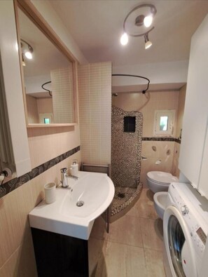 Regadera, secadora de cabello, bidet, toallas 