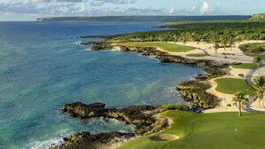 A coastal golf course with a clear view of the ocean, rocky coastline, and a distant mountain range. - Palmas 15: NEW luxury villa w/ screened-in pool, Jacuzzi, staff & golf cart (Punta Cana)