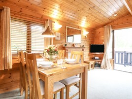 A wooden cabin interior with a dining table set for four, a television, and a fireplace.