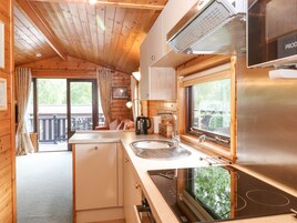 Cocina compacta con paredes de madera, estufa integrada, lavamanos y ventana con vistas a zonas verdes.